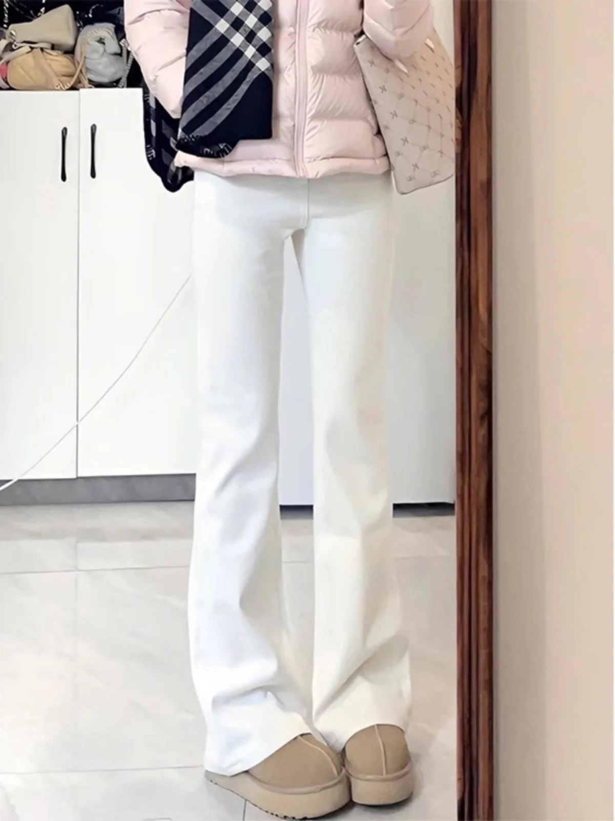 

White High Waist Straight Leg Jeans Men Spring Autumn Slim Fit Floor Length Bell Bot Youth Trendy Wear Resistant
