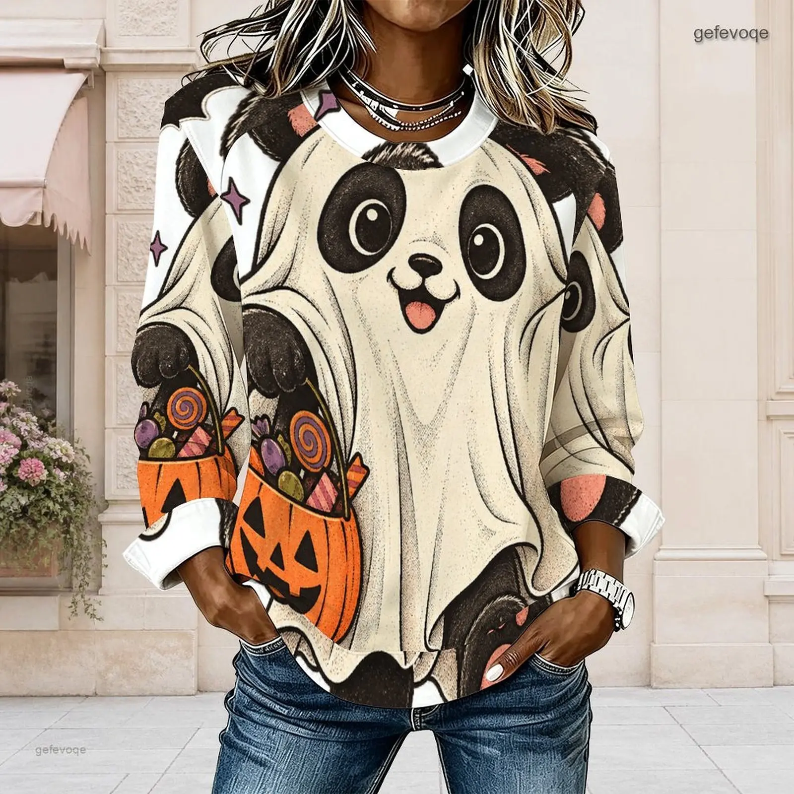 Women Printed Round Neck Long Sleeve Top, Cartoon Panda Ghost Halloween Pattern
