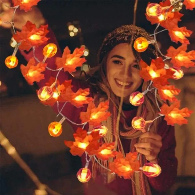 LED Decoration Lights String Lights Artificial Autumn Maple Leaves Pumpkin Garland Led Fairy Lights for Festival Party Home