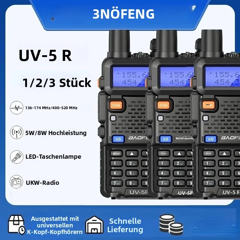 3 Stück Baofeng UV-5R Hochleistungs-Walkie-Talkie, USB wiederaufladbar, Dual-Antennen, ideal für Outdoor- und Notfallsituationen