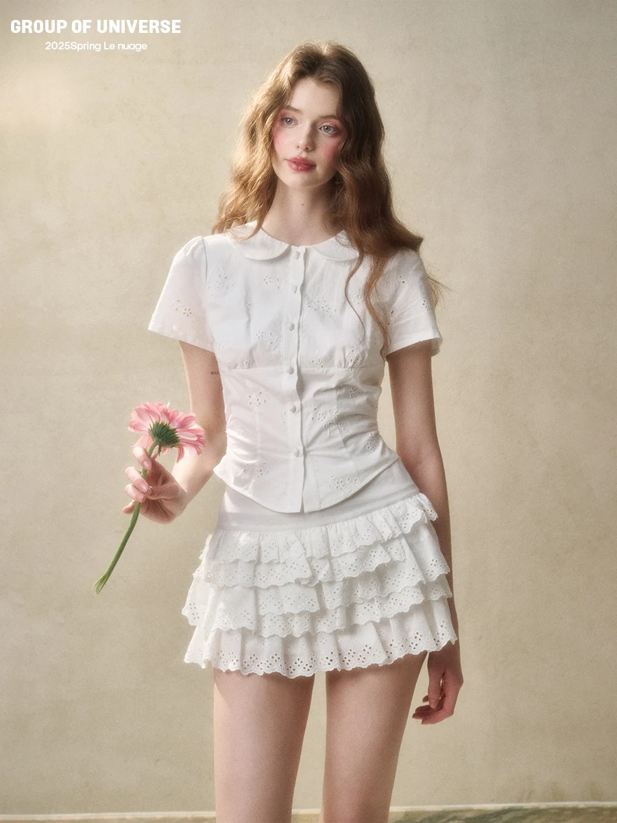 

Комплект из хлопковой вышитой кружевной юбки и рубашки с коротким рукавом на пуговицах Galaxy Eternal Mint с эффектом утяжки на талии