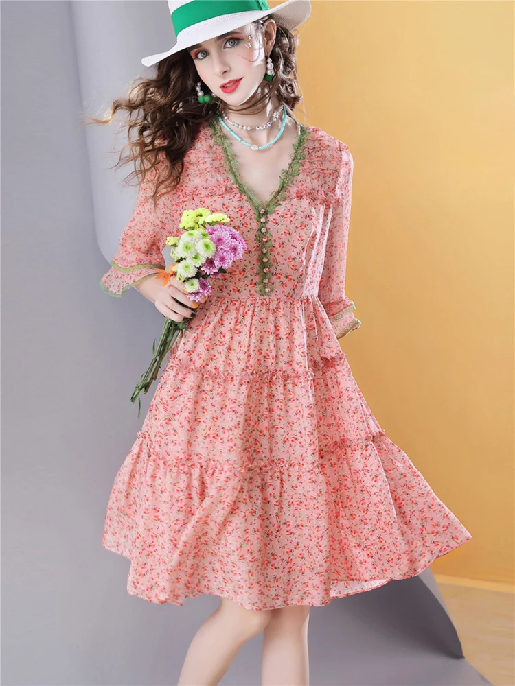 100% Silk Floral Dress Women V Neck A Line Long Sleeve Trumpet Cuff Summer Boho Midi Dress Elegant Vintage Sundress