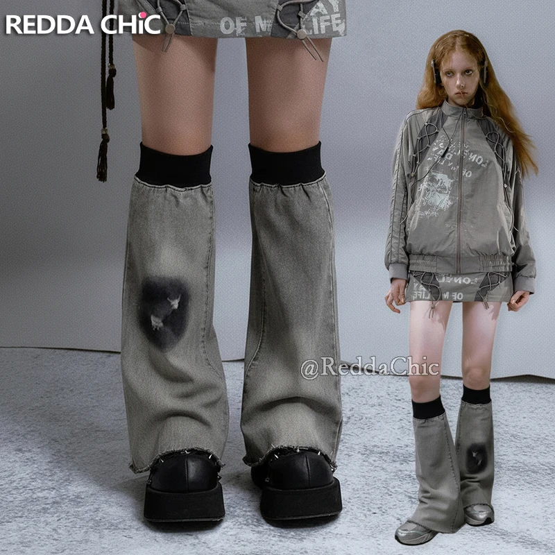 

REDDACHiC Emo Grunge Leg Warmers for Women Denim Gray Torn Raw Edge Flared Knee High Boots Cover Socks Goth Harajuku Accessories