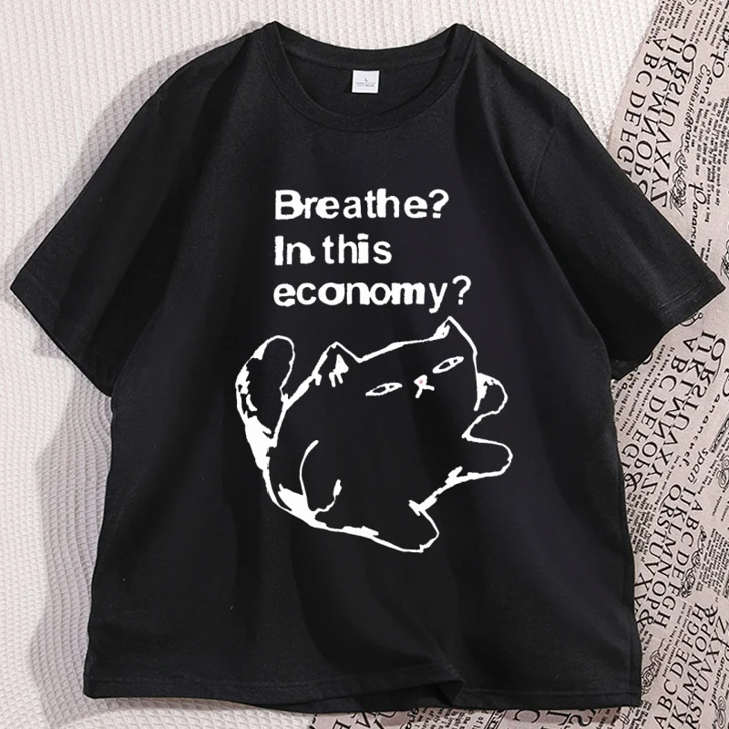 T-shirt unisexe en coton ample à manches courtes pour homme et femme, motif chat amusant 'Respirez dans cette économie', style streetwear