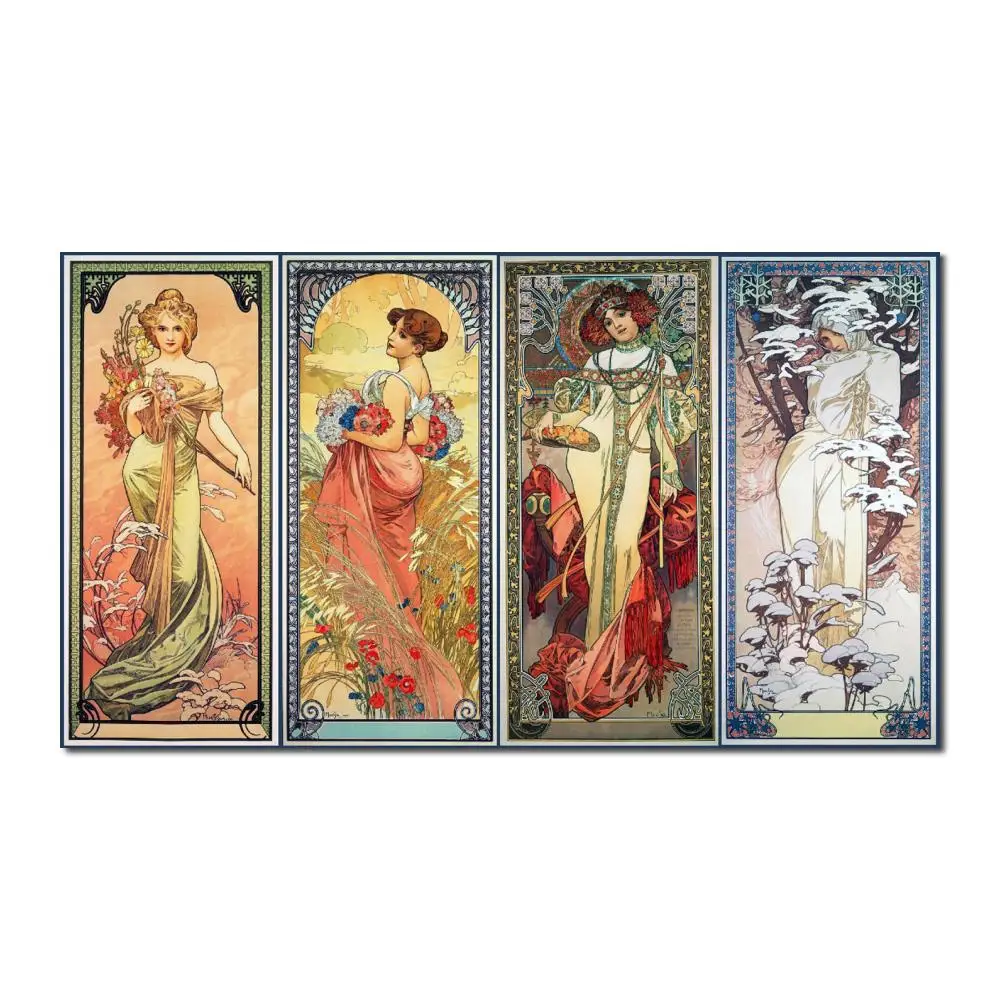 

Modern Portrait Canvas Art Four Seasons Famous Artwork of Alphonse Mucha Painting Beautiful Women Living Room Decorative Best