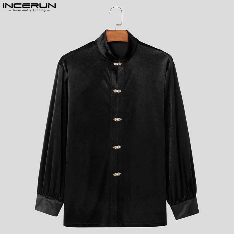 INCERUN, Tops sencillos de gamuza, camisas con diseño de hebilla Memtal elegante, superventas, blusa informal de manga larga con cuello levantado sólido para hombre, S-5XL