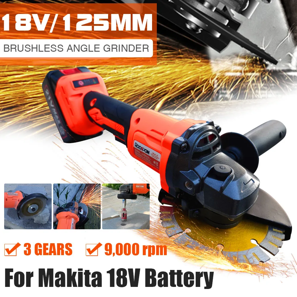 125mm Brushless Angle Grinder 3 Gears Cordless Grinding Machine Polishing Cutting Woodworking Power Tools for Makita 18V Battery