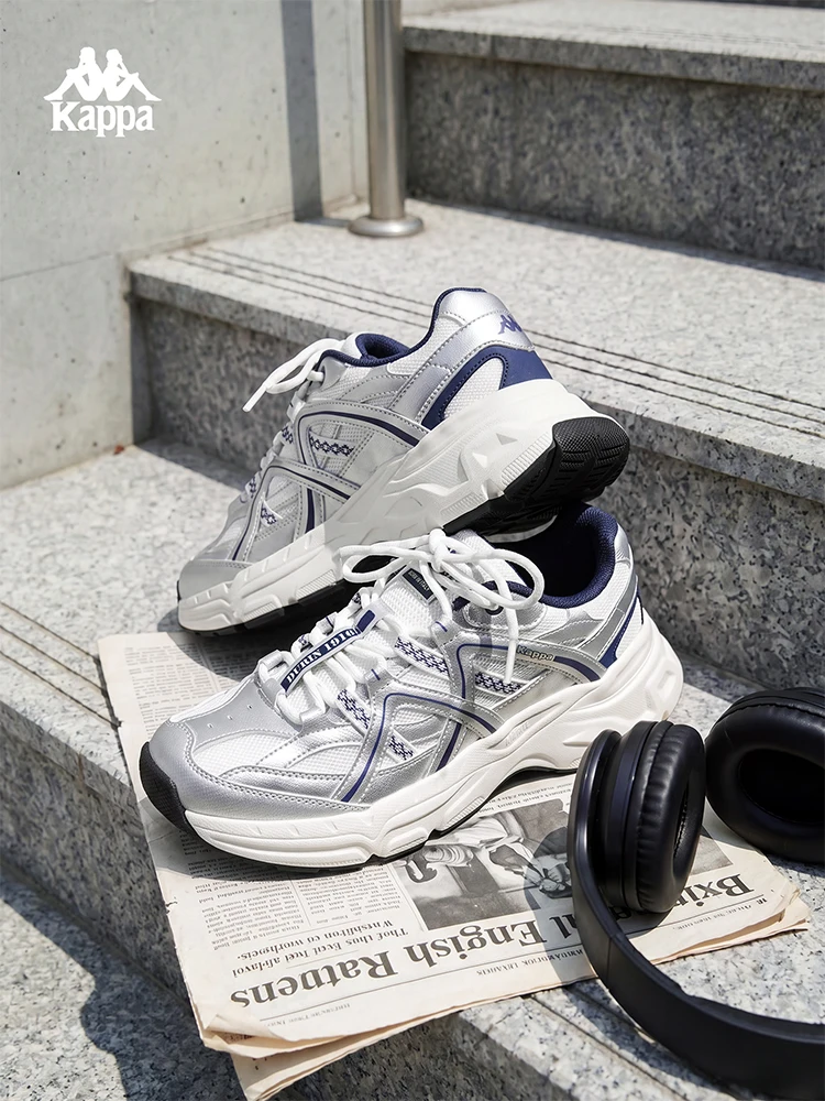 Kappa Men's and Women's Shoes, Outdoor Casual Silver and Blue Color-Blocking Dad Shoes, Mesh Breathable Lightweight Sneakers, Versatile Casual Shoes for Couples