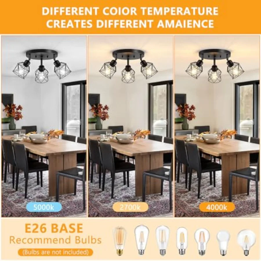 Kitchen Flush Mount Ceiling Light, Adjustable Multi-Directional Ceiling Light Fixture, Farmhouse Metal Cage Close to Ceiling La