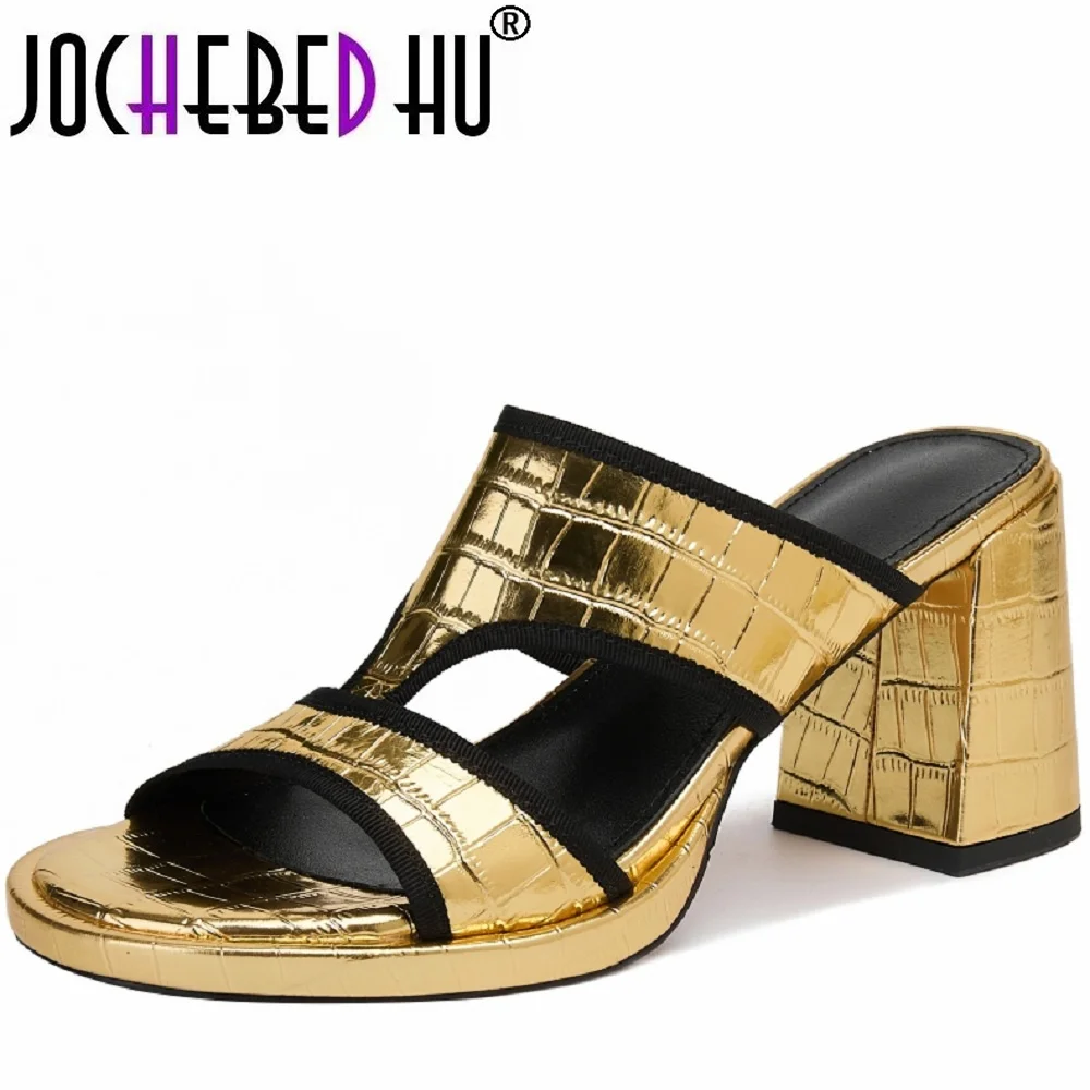 

【JOCHEBED HU】New Brand Genuine leather Summer Woman Sandals Chunky High Heels Open Toe Gold Silver Dress Casual Lady 33-40