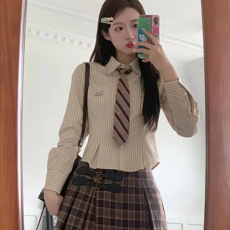 Striped Women Crop Shirts Y2K Japanese Slim Long Sleeve Button Up Casual Tops Spring Girl Preppy Jk Uniform All-Match Blouse