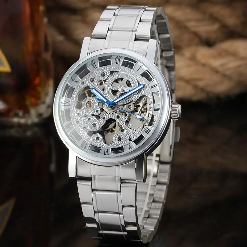 Fashion Winner Top Brand Transparent Steampunk Montre Homme Black Retro Casual Mens Luxury Full Steel Skeleton Mechanical Watch