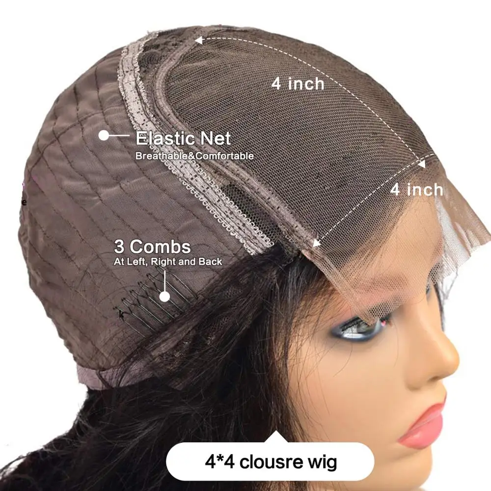 Perruque Bob Lace Closure Wig naturelle courte, cheveux ondulés, 4x4, pre-plucked, densité 180