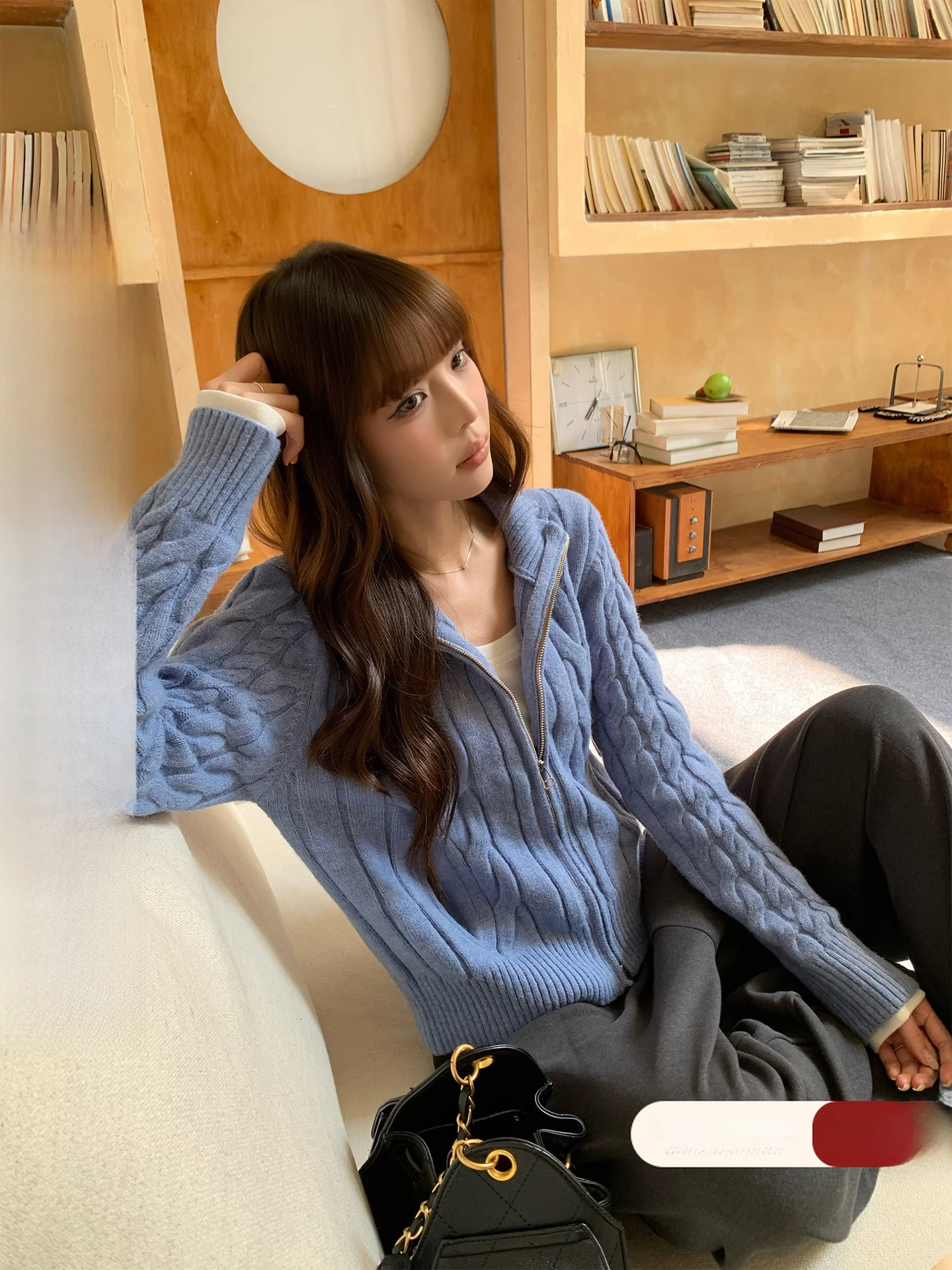 Loose Design Knitted Zipper Neck Sweater Women's Autumn Winter New Style Song Zhengen Denim Twist Knit Open Cardigan Coat