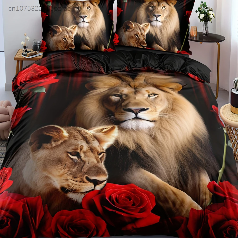Lion Couple Red Rose Bedding Set Romantic 3D Print Duvet Cover Pillowcase Easy Care Anti-Slip Durable For Bedroom Decor