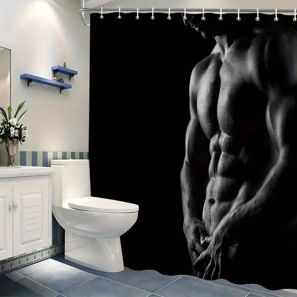 Muscular Man Shower Curtain Black and White Body Art Bathroom Decor Sexy Male Figure 3D Printed Waterproof Bath Curtain Home