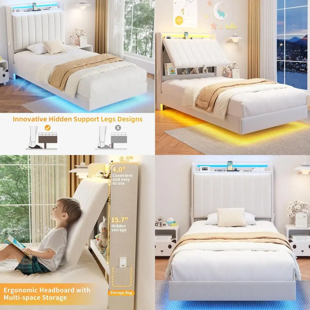 

Эргономичная кровать-платформа размера Twin с скрытым хранением, светодиодной подсветкой и зарядной станцией, велюровая кровать для детей, усиленная конструкция