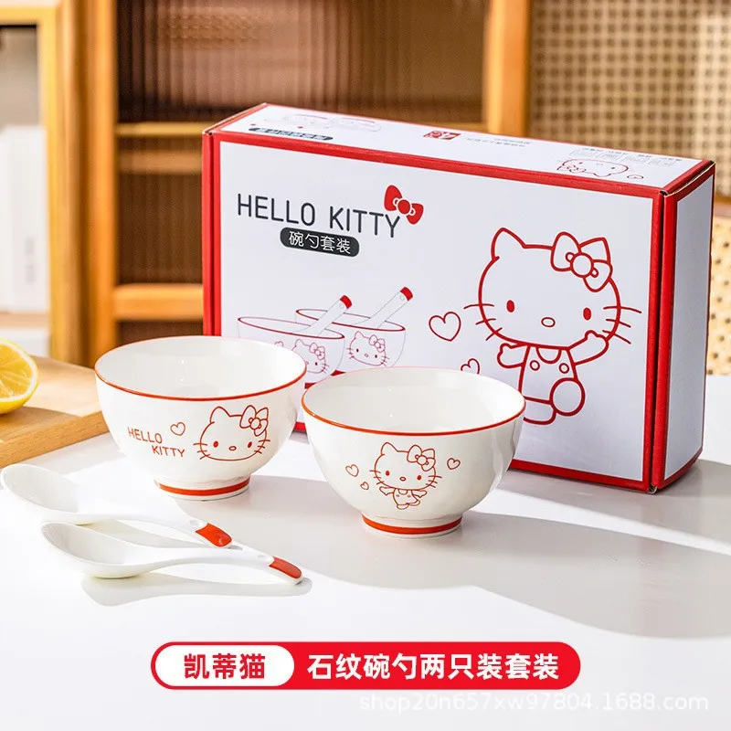 Hot Sanrios Hellokitty Kids Ceramic Bowl Spoon Set Ins Kuromi Cartoon Couple Home Round Bowl 2Pcs Anime Soup Bowl Cute Rice Bowl