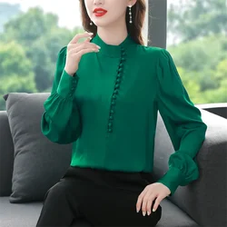 Silk Blouse Women Shirt Chinese Style Button Up Top Casual Woman Blous Retro Plate Buckle Shirt Stand Collar Loose Female Shirt