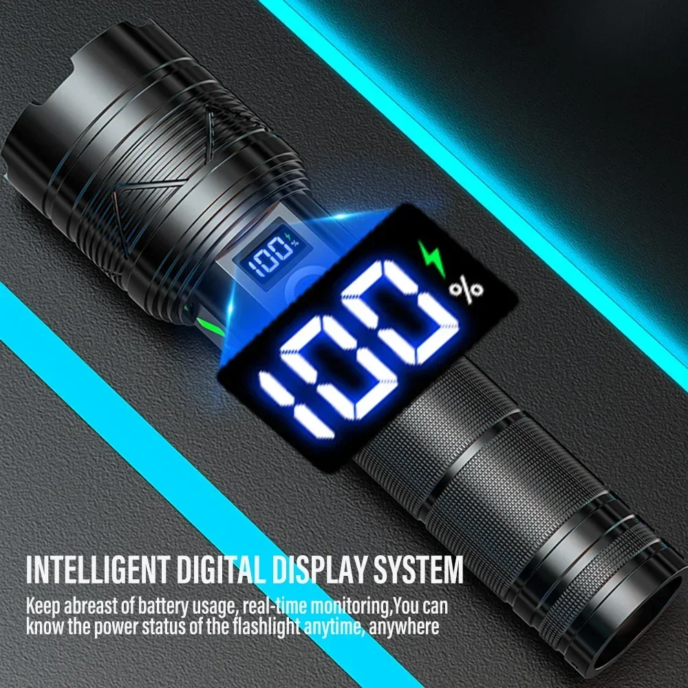 High Power LED Flashlight Type-c Rechargeable Tactical Zoom Torch Use 26650 Battery Camping Fishing Lantern with Power Display