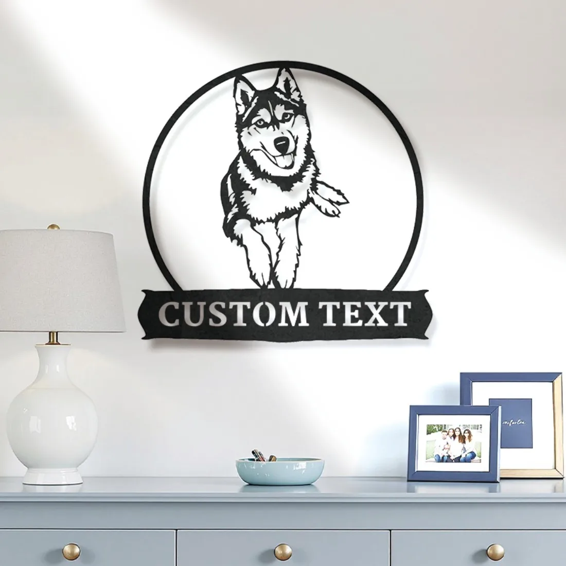 Benutzerdefinierte Husky-Hund-Wandkunst aus Metall – personalisiertes Textschild, rustikale Heim- und Gartendekoration, langlebig zum Aufhängen im Innen- und Außenbereich.