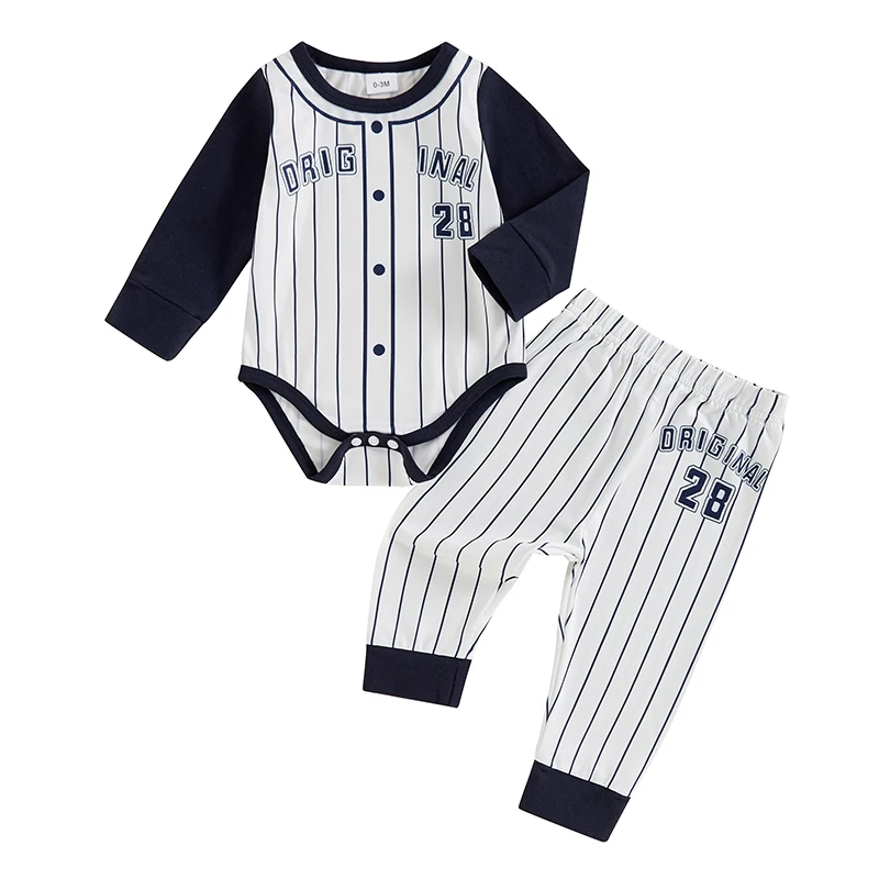 

KMBANGI Newborn Baby Boys Baseball Outfit Long Sleeve Stripe Letter Print Bodysuit Jogger Pants 2PCS Set Clothes