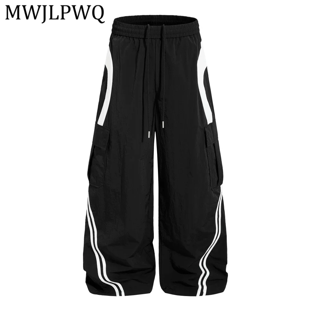 MWJLPWQ Loose Casual Work Pants For Men Sporty Style Color-Blocking Vibe Trendy Streetwear Multi-Pocket Wide-Leg Trousers 15346
