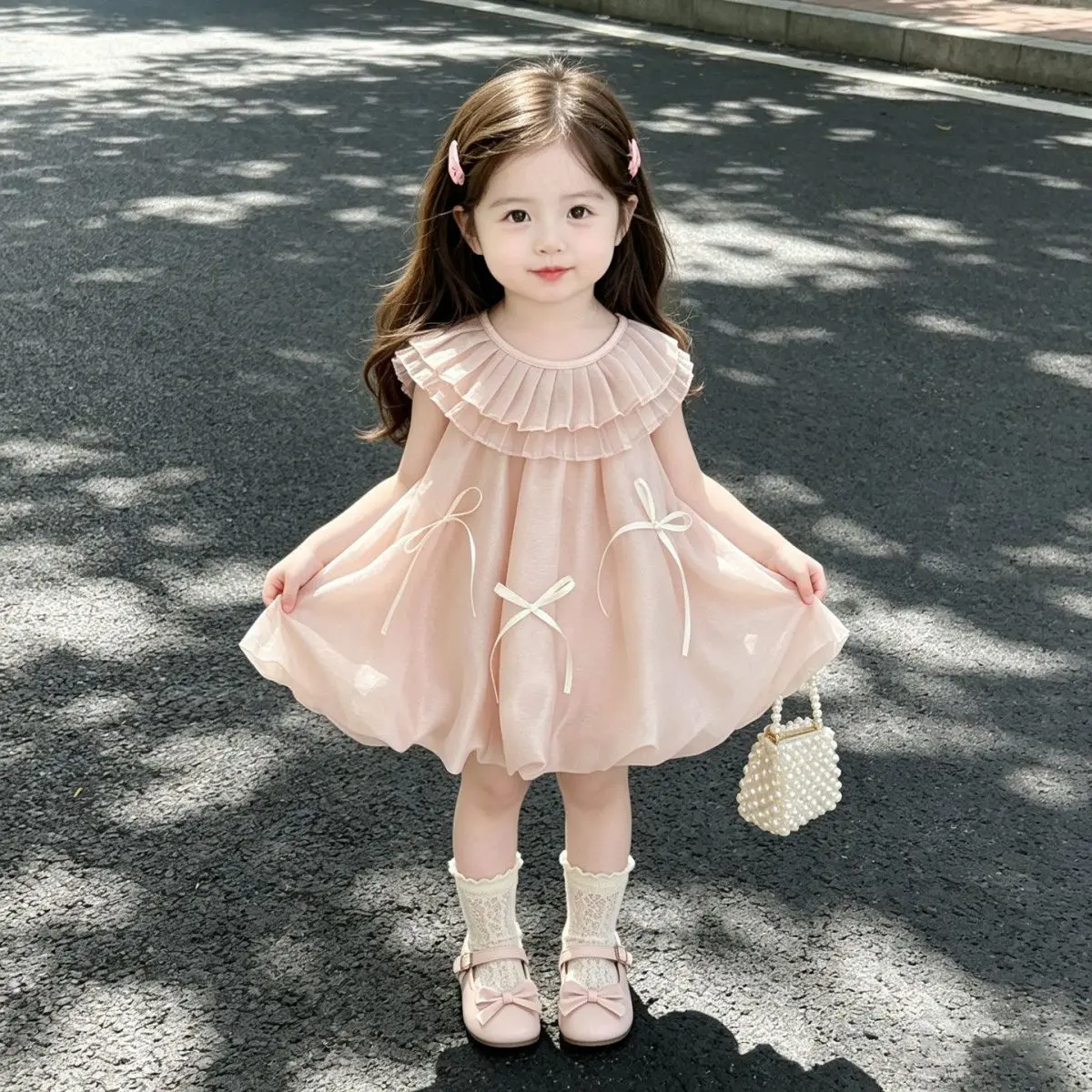 Sweet Summer Sleeveless Dress for Girls Toddler Fashionable Collared Butterfly Knot Dress Children's Clothing Baby Girl's Dress