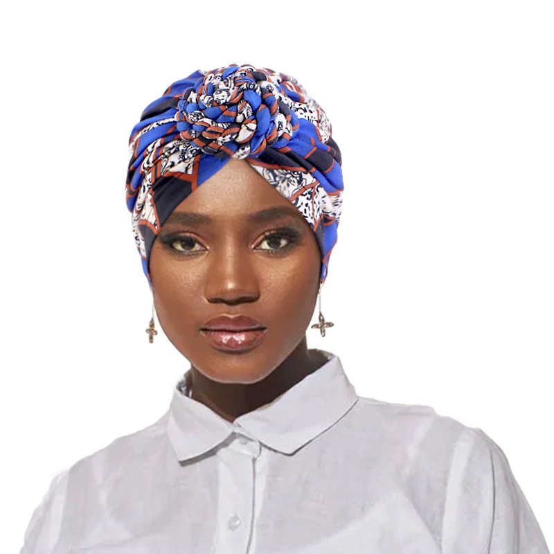 New Women Braided Top Knot Turban African Print Stretch Bandana Head Wrap Head Cover Bonnet Headscarf Muslim Chemo Cap Bandanas