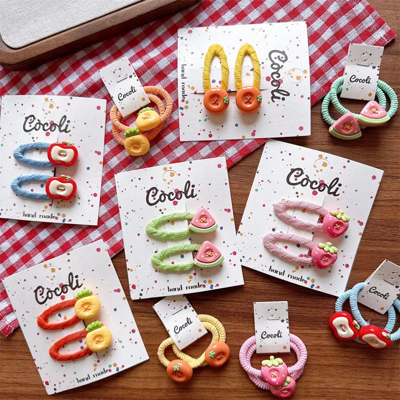 

Korean Children's Cream Candy Color Ink Fruit Fabric BB Clip Student Foundation Does Not Hurt Hair Headrope Pair