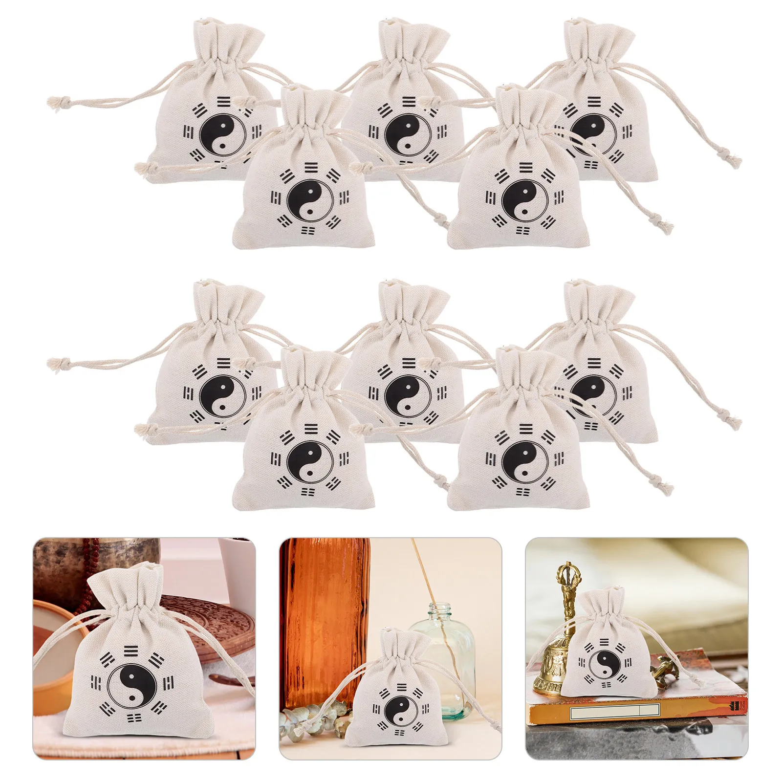 10Pcs Elegant Bagua Print Linen Drawstring Pouch Jump Rope Storage Bag Versatile Small Item Organizer for Fitness Travel Wedding