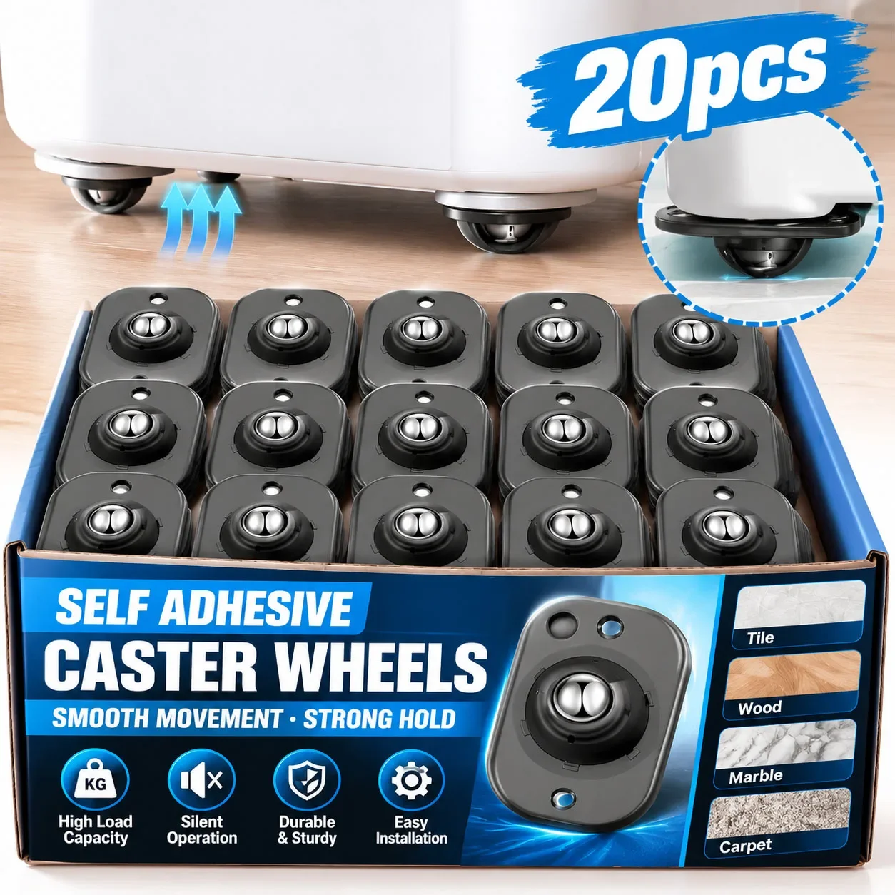 Self Adhesive Caster Wheels 360° Rotating Sticky Pulley Strong Load Ball Bearing Furniture Cabinet Mini Swivel Wheels