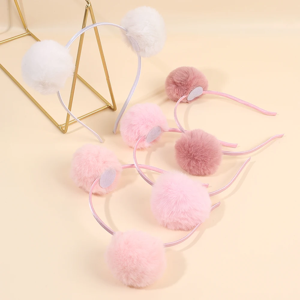 4Pcs Pom-pom Headband Pink White Bear Ear Hair Band Fuzzy Balls Hair Hoop For Girls Children Daily Party Headwear Accessories