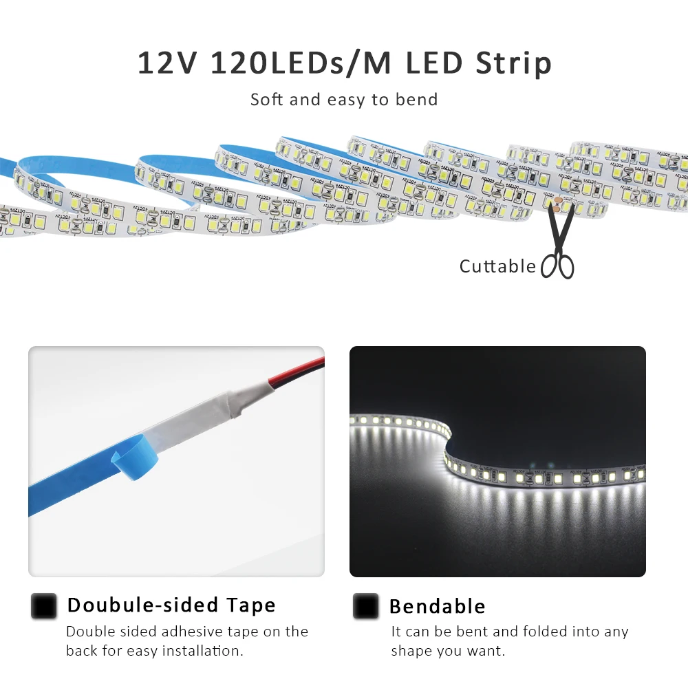 12V 2835 LED Strip Light 120LEDs/M Red Green Blue Yellow Warm WhiteTape Ribbon High Brightness 8mm Lamp For Room Decor Lighting