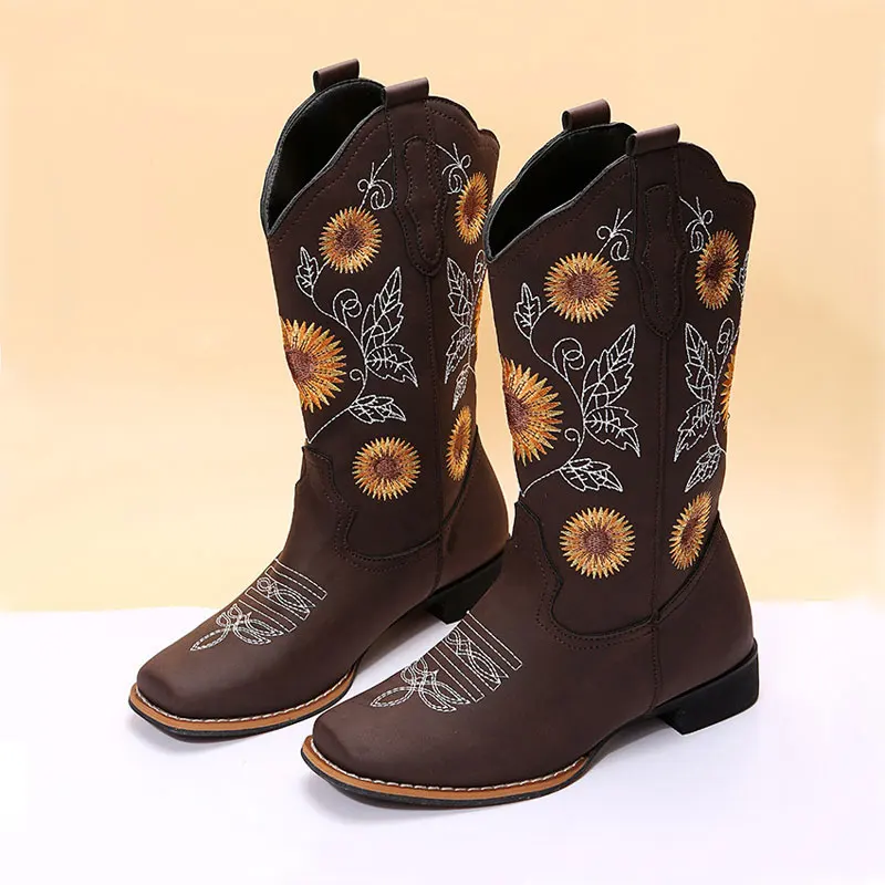 Kobiety haft w kwiaty buty Slip-on buty jeździeckie Lady kwadratowy obcas połowy łydki Boot kobieta zima cienkie pluszowe buty Zapatos De Mujer