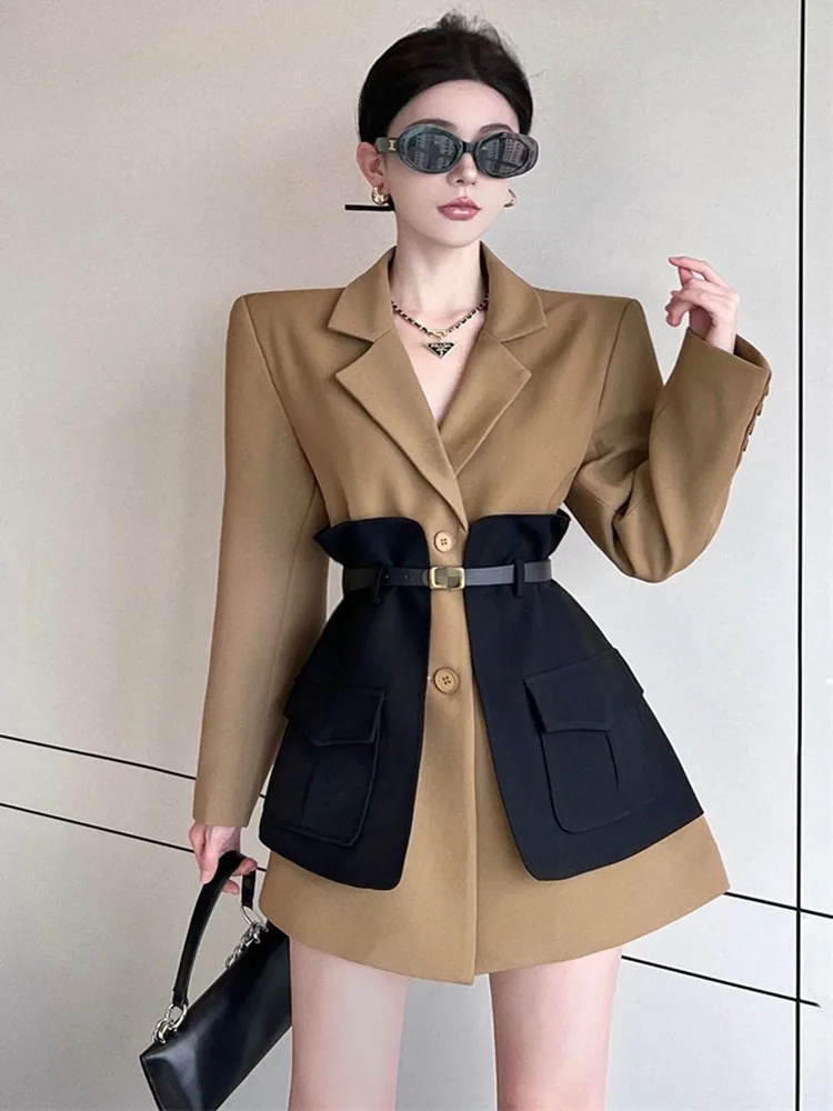 2024 New Fashion Autumn Contrast Stitching Blazer For Women Long Sleeve Single breasted Elegant Office OL Lady Slim Coat Female