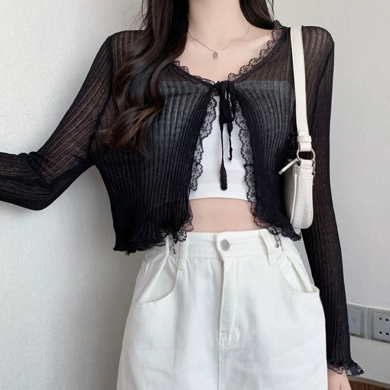 Sexy Lace Patchwork Sunscreen Cardigan for Women Korean Style Lace-Up Black Thin Knitted Tops Woman Sweet Fresh Sweater Jacket