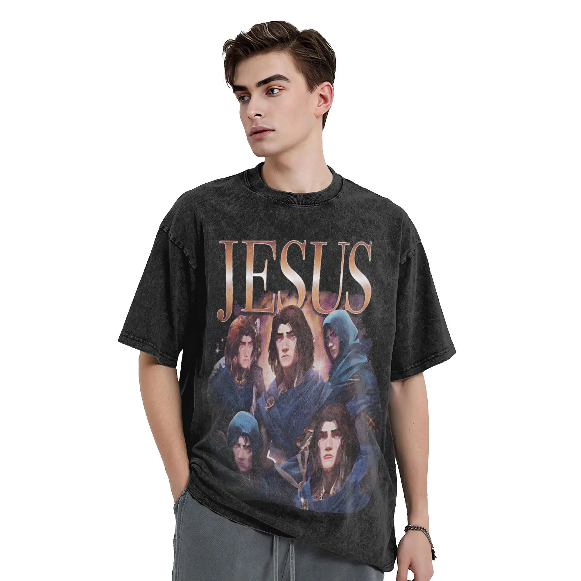 jesus arcane viktor game lover fans  T Shirt Hip Hop Washed Cotton Oversize T-Shirt  Vintage for Men Streetwear Summer Tops Tees