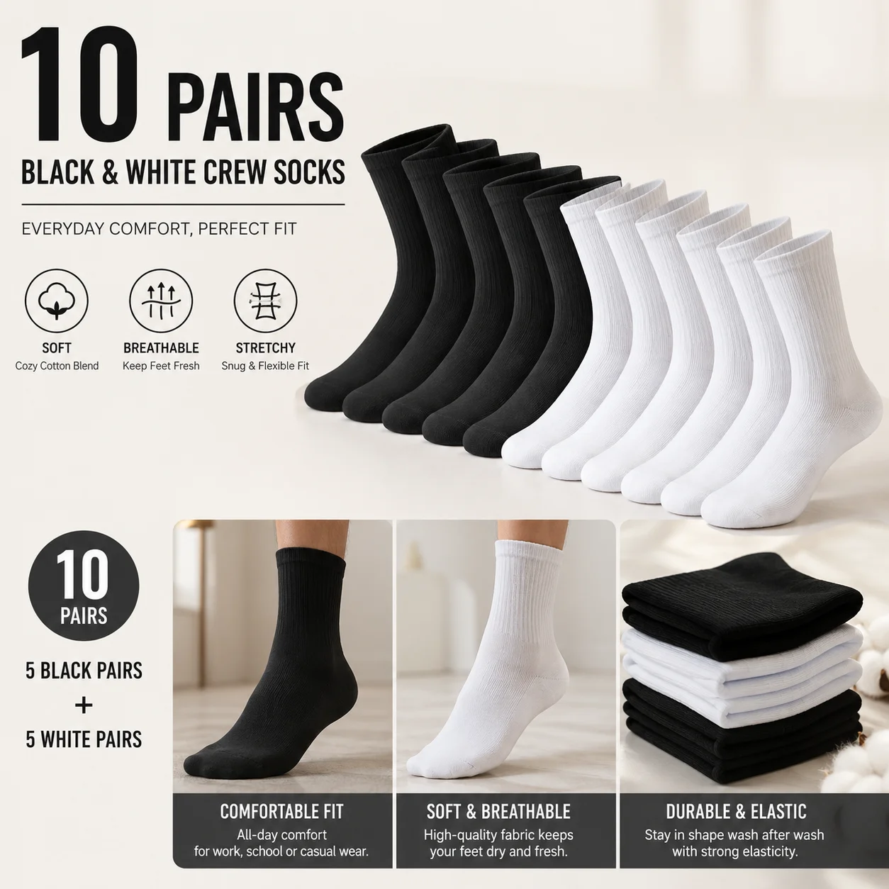 10 Pairs Men’s Cotton Crew Socks Thick Cushioned Towel Bottom Odor Control Breathable Mid Calf Athletic Basketball Socks Winter Warm White Socks