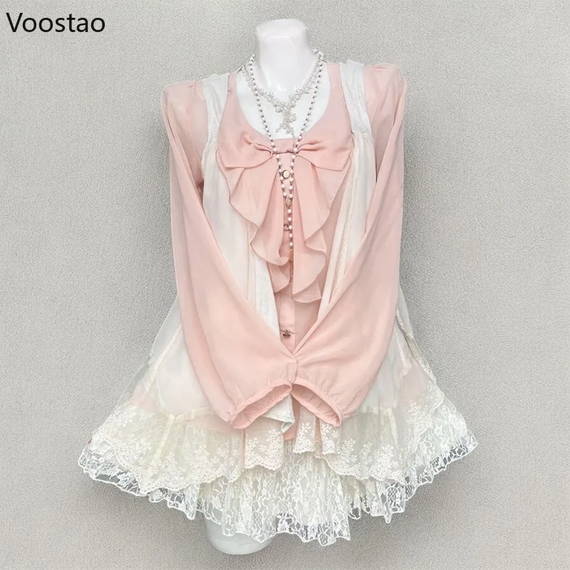 Outono doce lolita estilo 3 peça conjunto feminino kawaii rosa arco babados blusa topos rendas cardigan mini bolo saia feminina y2k outfits