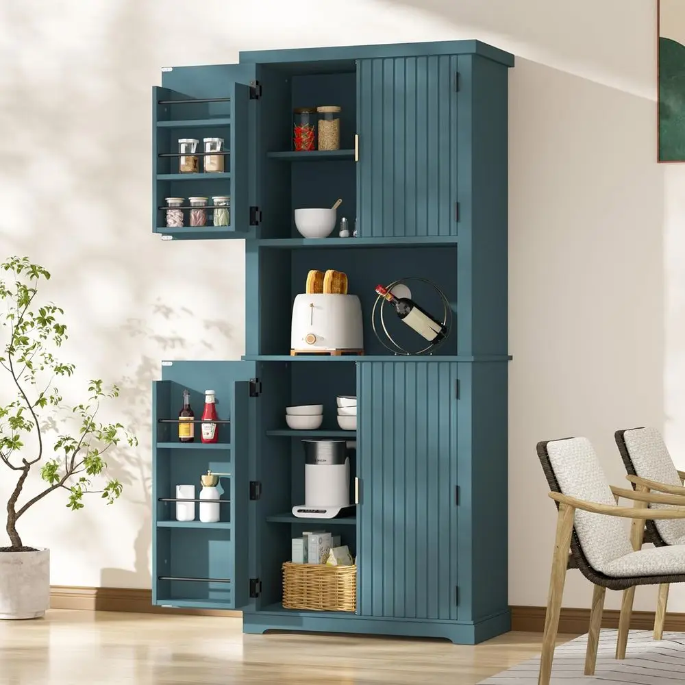 

Blue 72 Tall Kitchen Pantry Cabinet with Hutch, Freestanding Storage Cabinet, Microwave Stand, and Adjustable Shelves