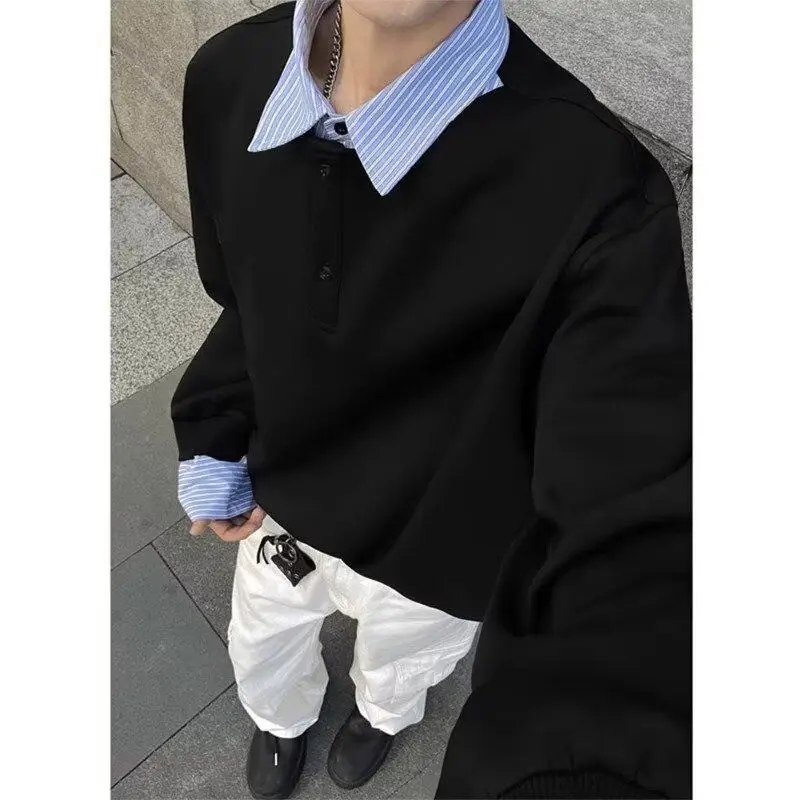 Large Size Fake Two-Piece Men's Shirt Long Sleeve Collared Henry Base Layer Top Autumn Inner Wear Fashionable Standard Fit 