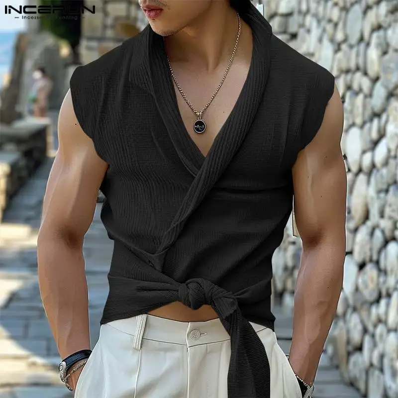 INCERUN Men Tank Tops Solid Color V Neck Sleeveless Summer Male Vests Streetwear 2024 Lace Up Fashion Casual Men Clothing S-5XL