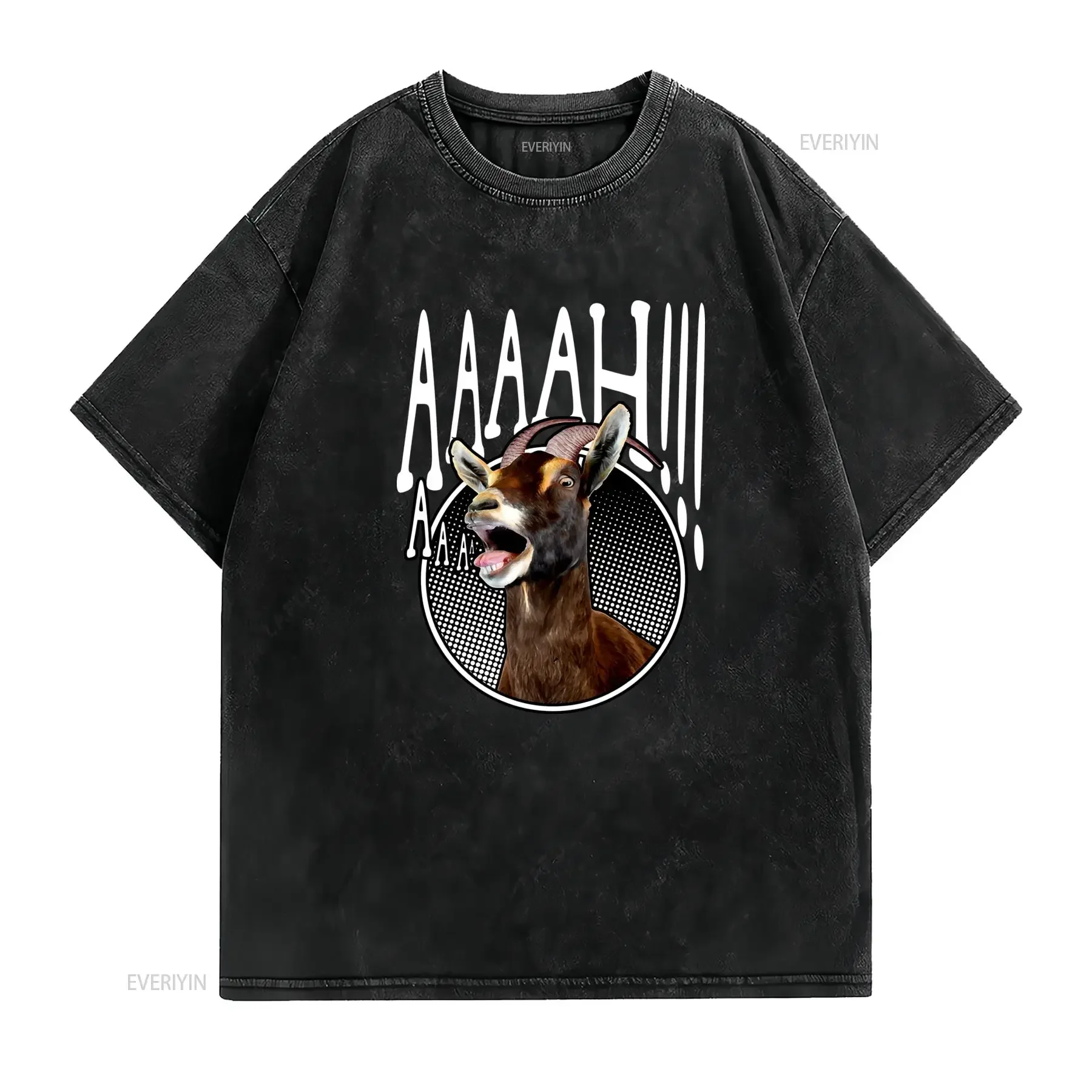 Funny Screaming Goat AAAAH Slogan Print Casual Streetwear T Shirt vintage Washed Stretched Versatile fashion Unisex homme