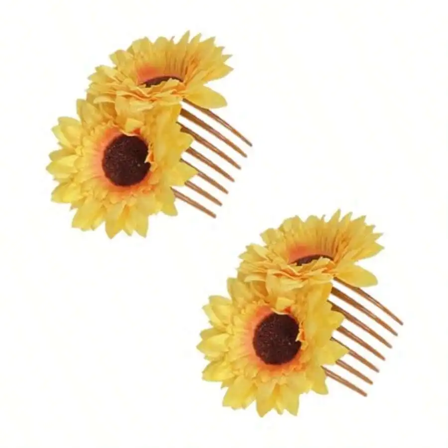 

2 Pcs Artificial Sunflower Hair Side Combs Floral Wedding Bridal Beach Party Hair Accessories