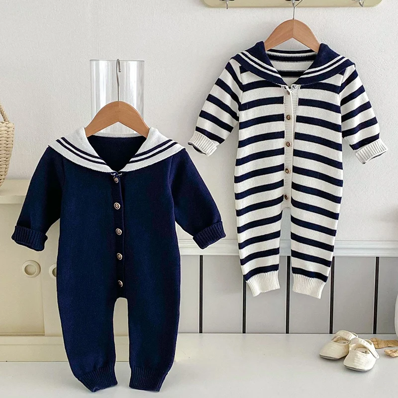 2024 New Autumn Children Clothes Infant Baby Girls Knitted Jumpsuit Long Sleeved Stripes Navy Style Toddler Baby Girl Romper