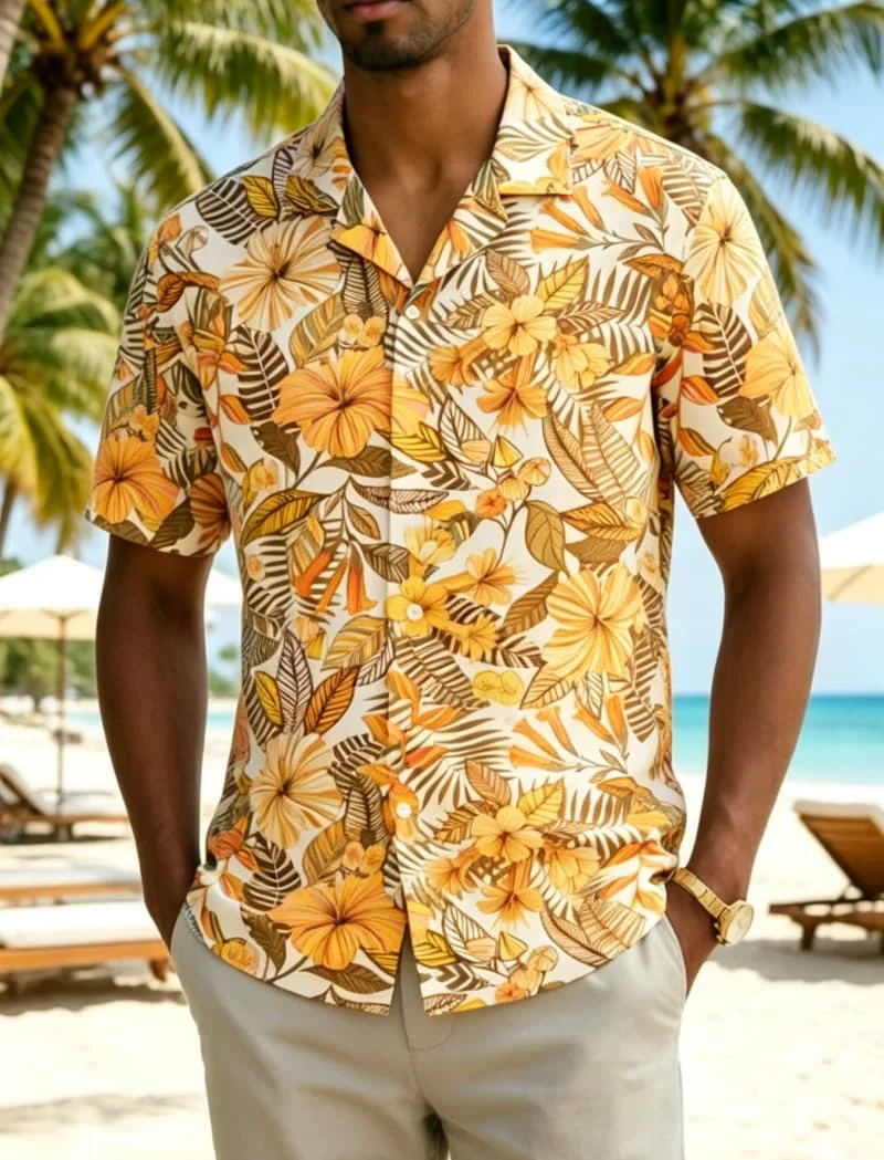 Men's vibrant tropical floral print shirt, featuring a trendy jungle style, for vacation, streetwear, weekend getaways