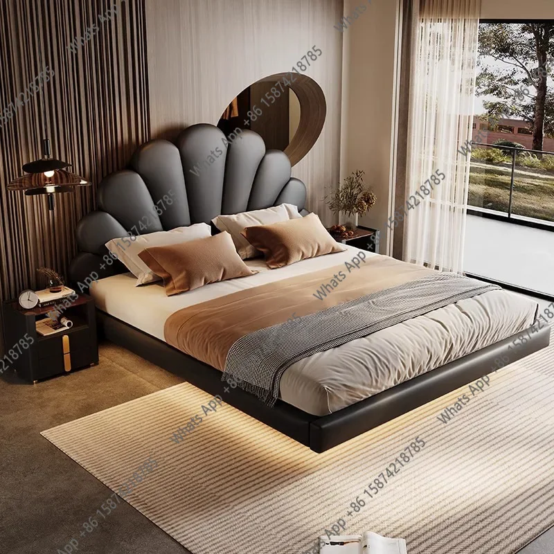 

X25 New Floating Bed Italian Minimalist Leather Bed Master Bedroom First Layer Cowhide Petal Suspended Double Bed 2*2 Meters
