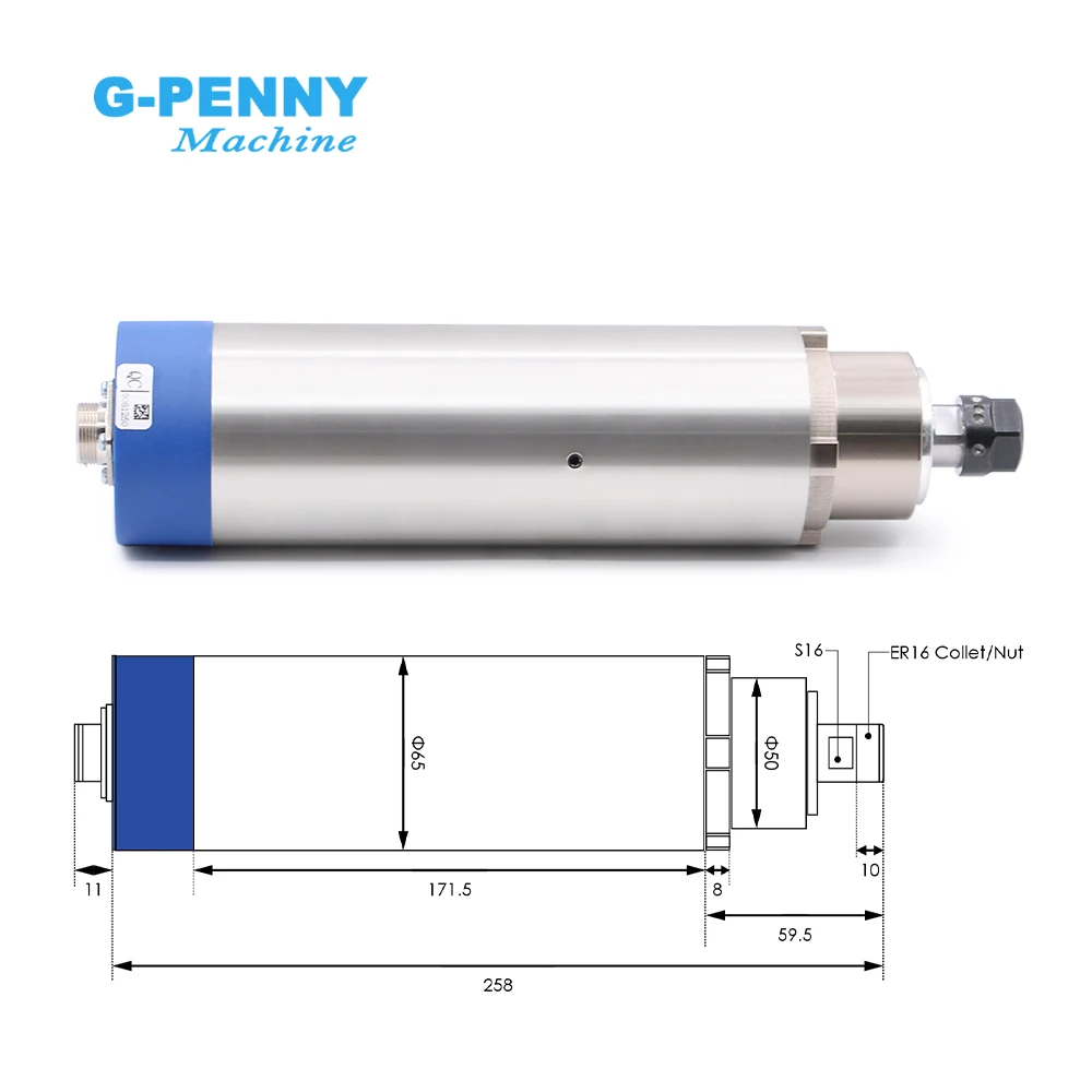 G-Penny 1.5k ER16 D=65mm Air Cooled Spindle Motor Wood Working Air Cooling 65x258mm 4 Bearings & HY Frequency Drive & Holder