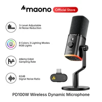 Micrófono dinámico inalámbrico Maono PD100W, cardioide, con alcance de 50 m, reducción de ruido con un solo toque, RGB, para juegos y transmisión en vivo.